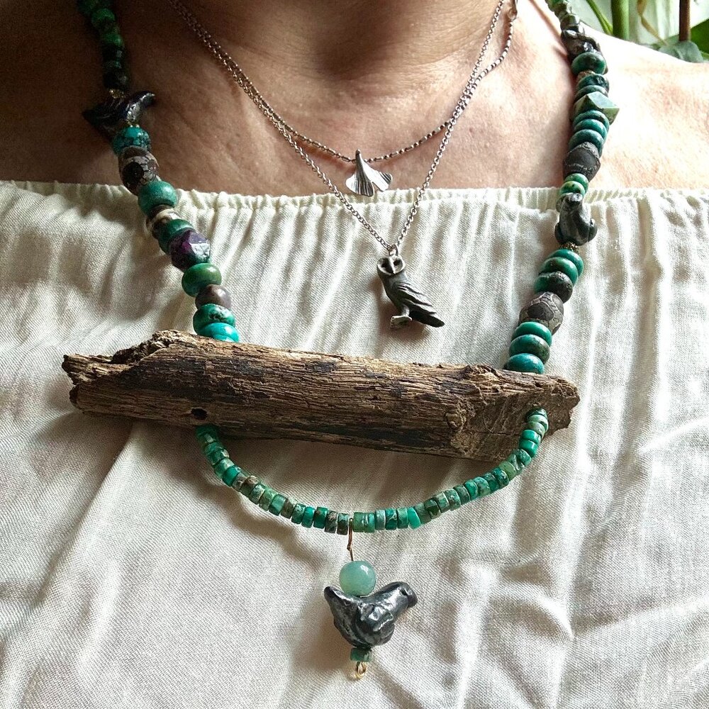 Bohemian OOAK Turquoise, Wood, Ceramic, Aventurine Statement Necklace